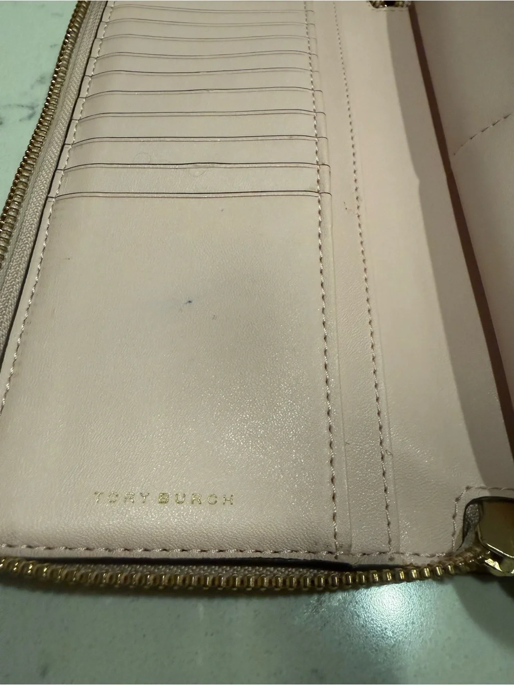 Tory Burch Blush Pink Pebbled Leather Zip Wallet with Gold Logo